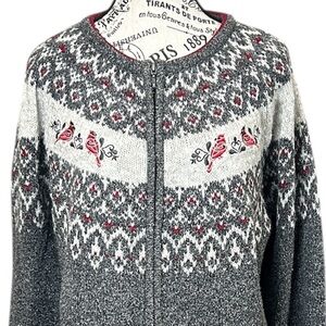 Northern Reflections Grey Nordic Fair Isle Zip Cardigan Red Bird Embroidery XL